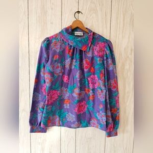 Vintage 80s Floral Asymmetrical Button Collar Top